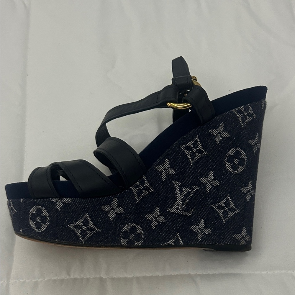 Louis Vuitton Black and Denim Wedge Sandals